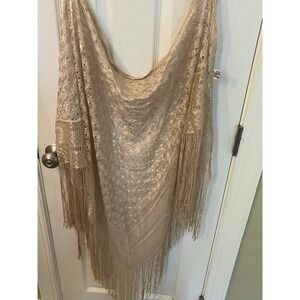 Vtg Made In Japan Rayon Womens English Village Metallic Champagne Shawl Fringe
